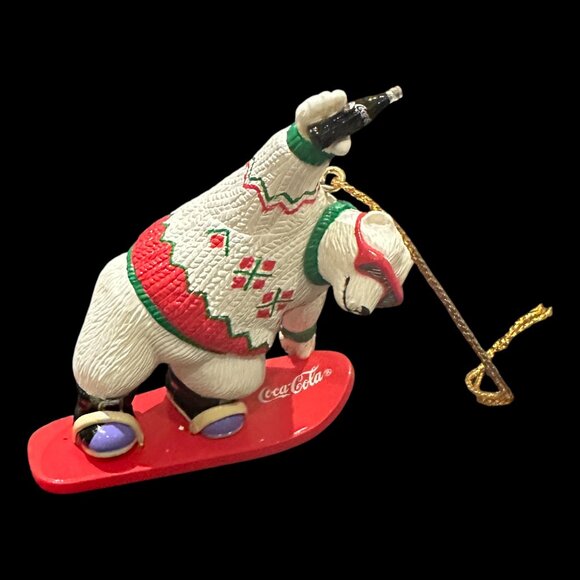 Vintage Coca-Cola Polar Bear Snowboard Ornament, Christmas Coke Bear with Bottle - Picture 5 of 10